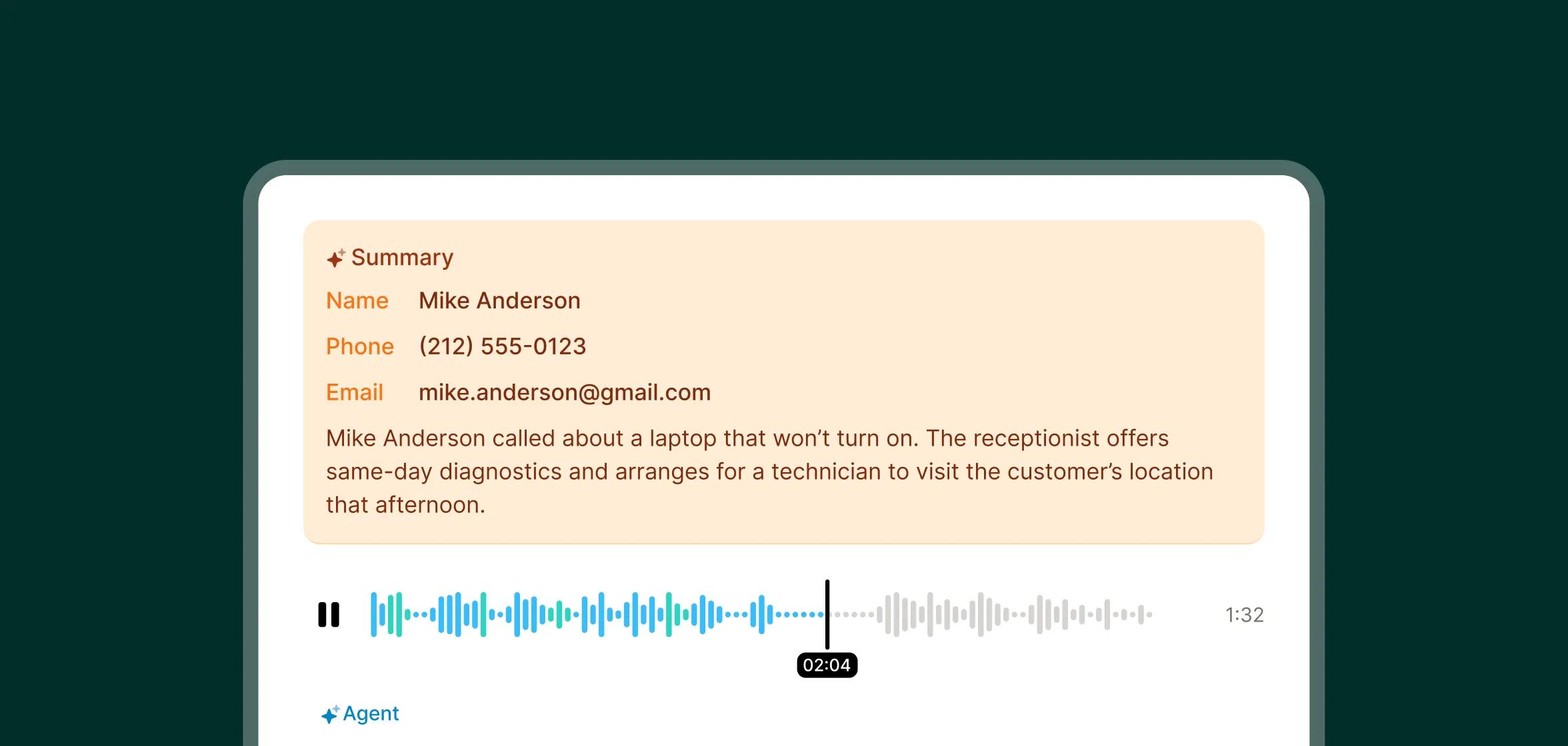 A call summary shows the computer repair answering service noting that a laptop won’t turn on and arranging a same-day technician visit.
