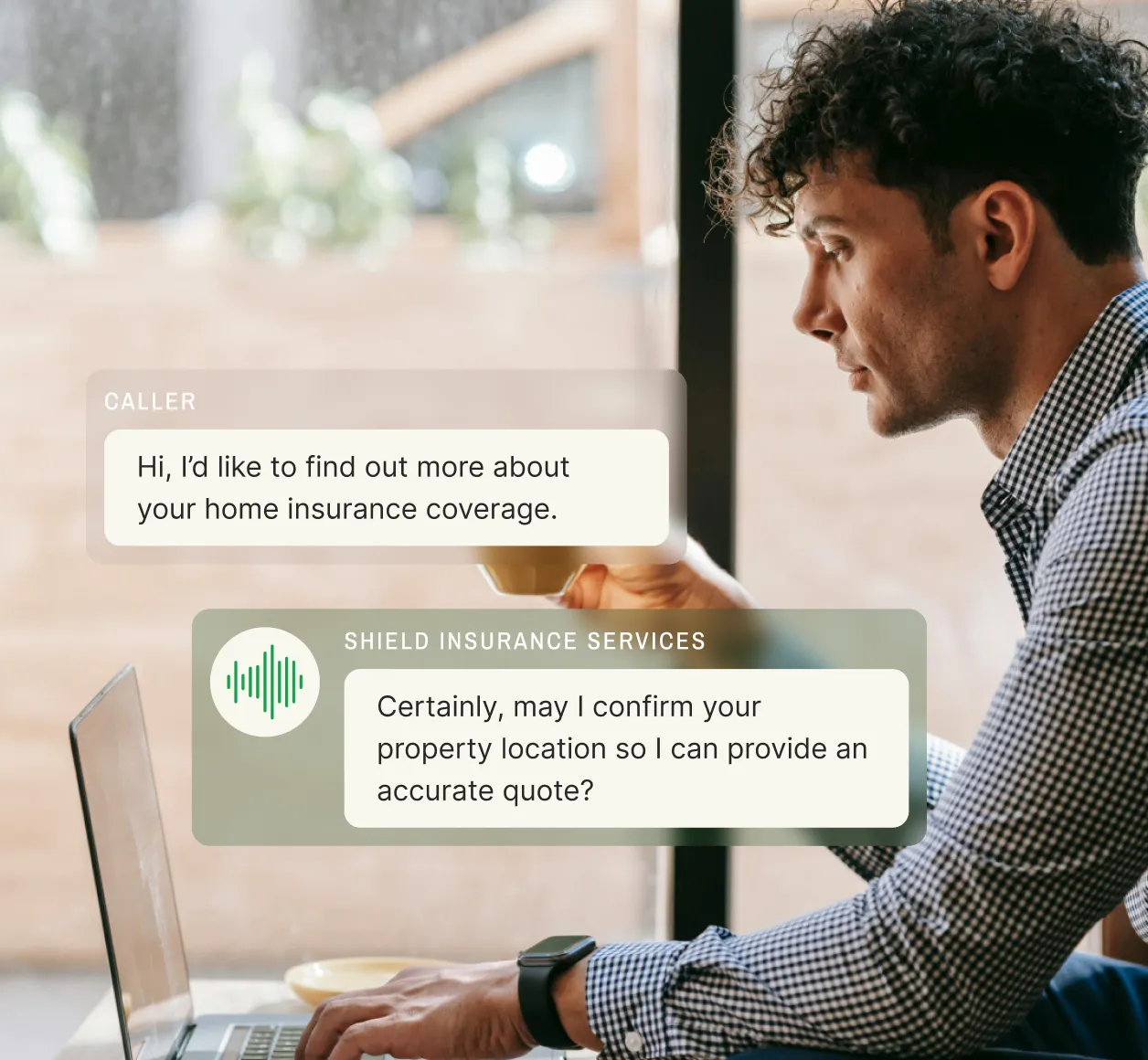 A support agent at a small business contact center provides a home insurance quote after confirming property details.