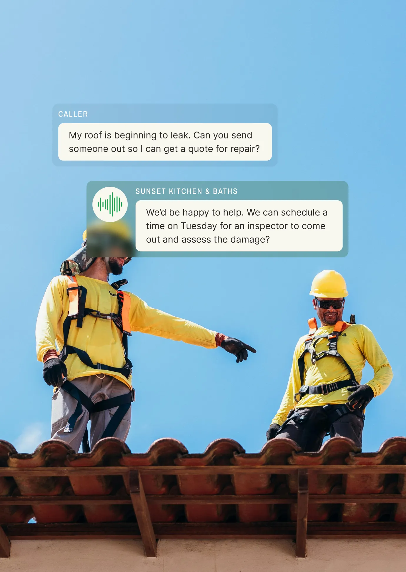Two contractors inspecting a roof under bright blue skies, representing the efficiency of a contractor phone answering service scheduling repair assessments.