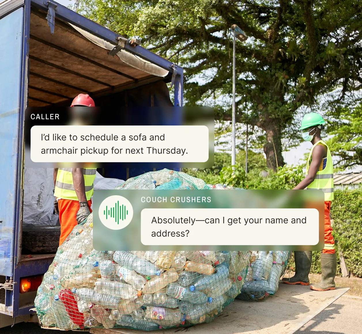 A caller wants to schedule a sofa and armchair pickup for next Thursday and the junk removal answering service asks for their name and address.