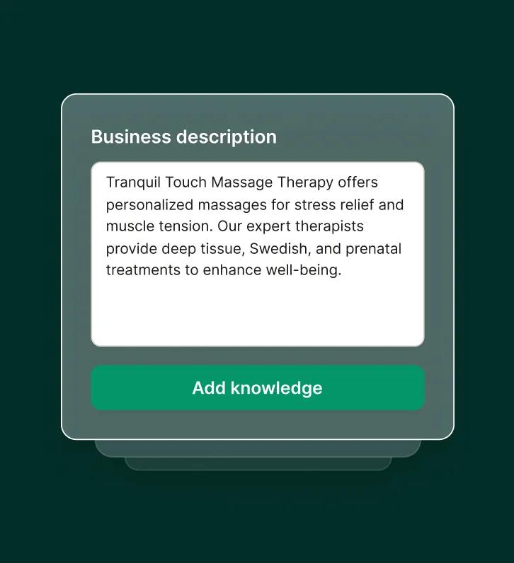 A massage therapy answering service interface shows a business description being added for accurate call handling.