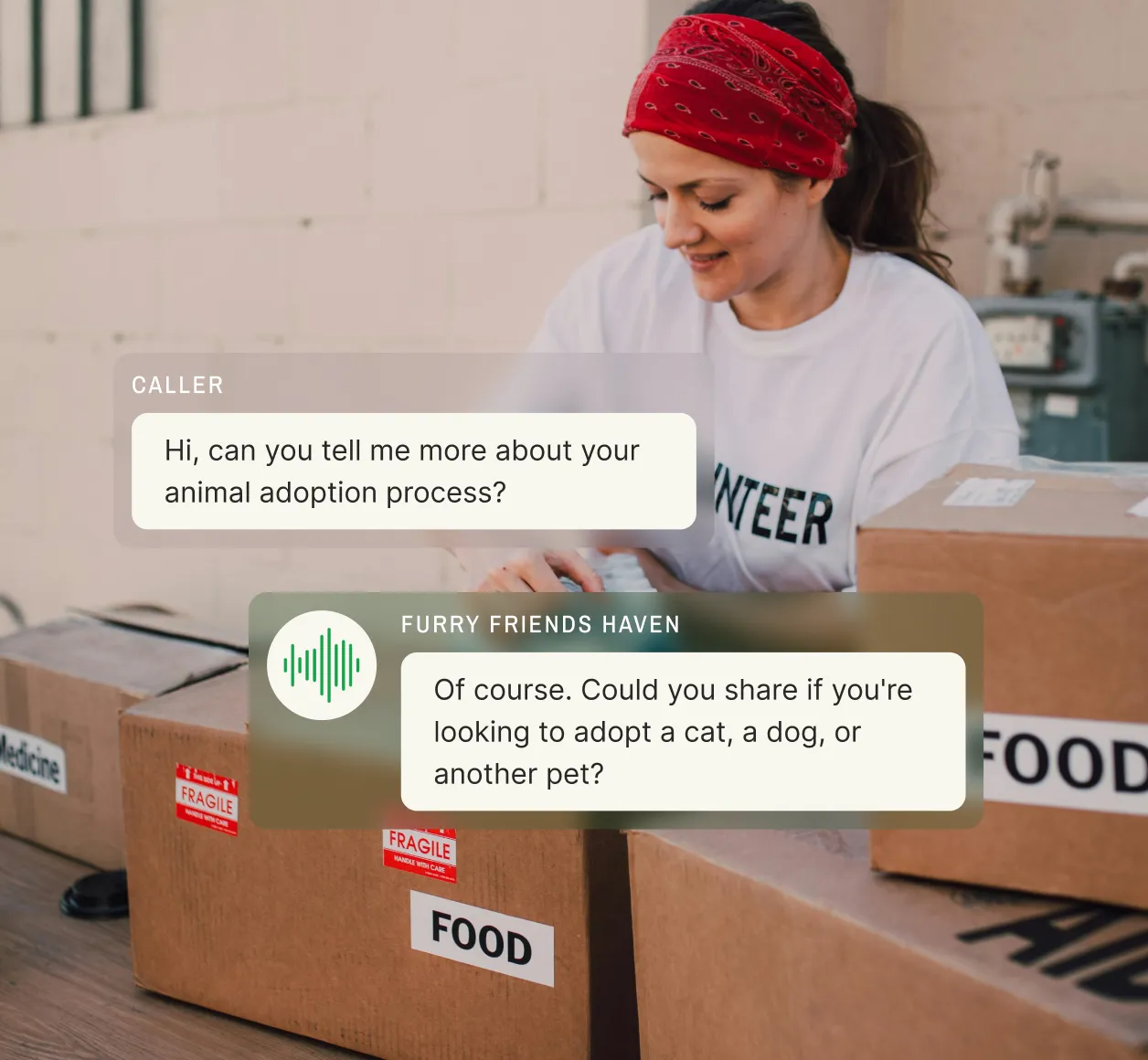 A volunteer sorts donation boxes as a caller asks about adoption, and the nonprofit call center inquires about the type of pet.