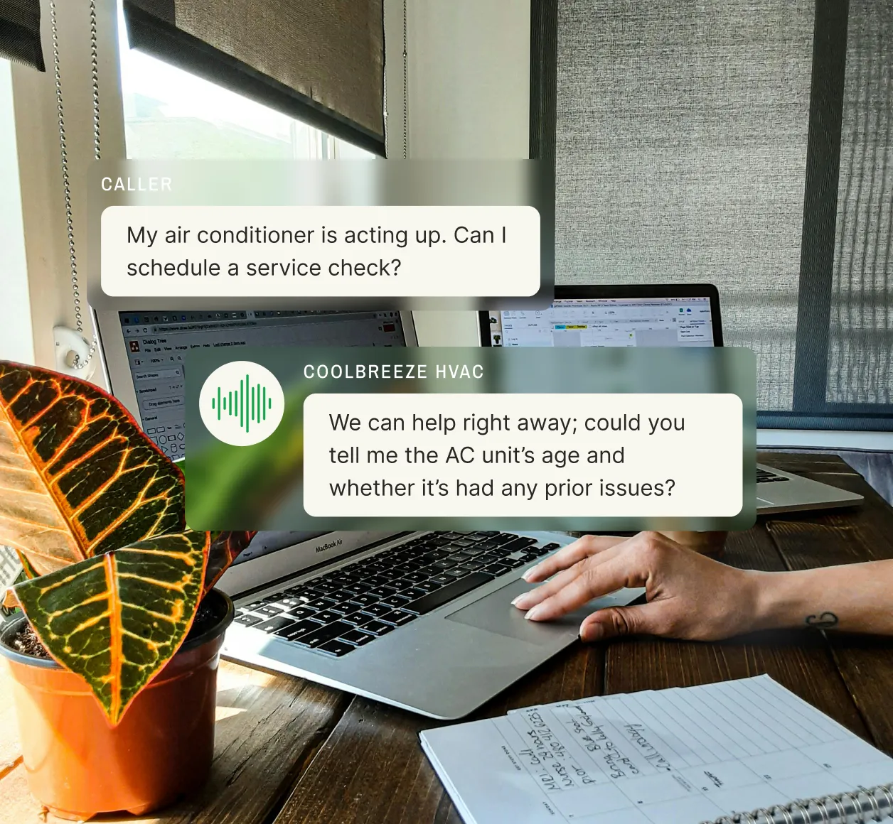 Caller schedules an air conditioner service check, and a lead qualification service uses 24/7 call capture to ask about the AC unit's age and past issues.