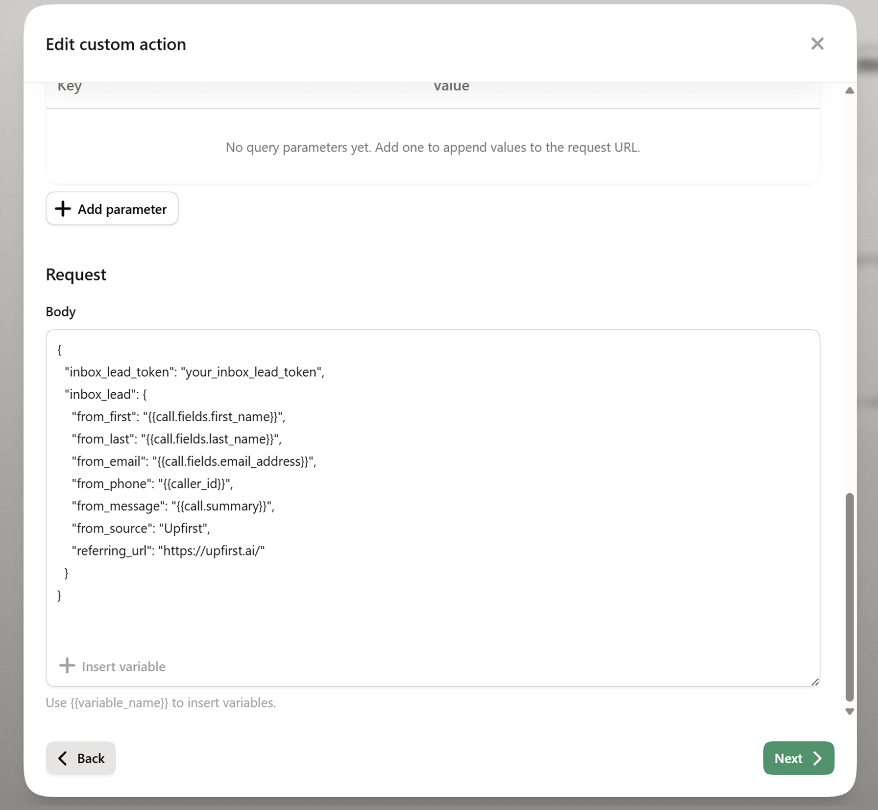 JSON request body for sending lead data to Clio Grow