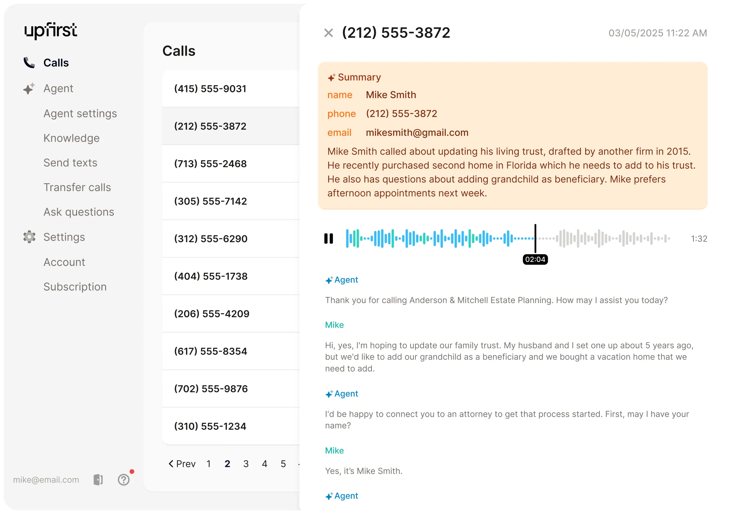 Screenshot of Upfirst's AI phone answering system displaying the ability to collect information from callers and summarize calls.