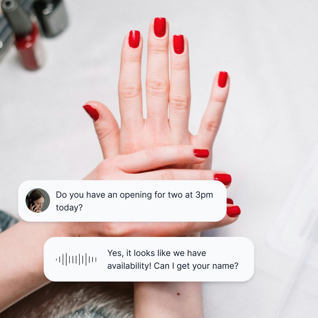 Hands displaying fresh red manicure while nail salon answering service confirms afternoon appointment availability
