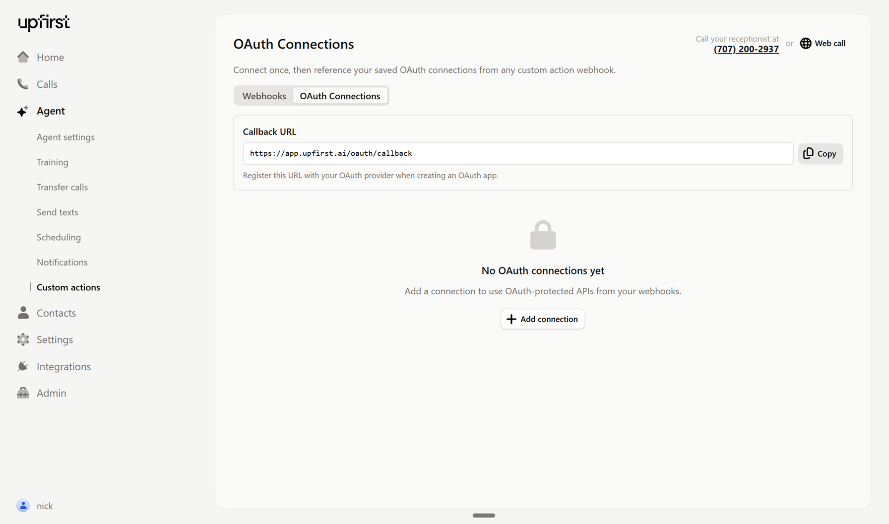 Adding the Clio OAuth connection in Upfirst custom actions