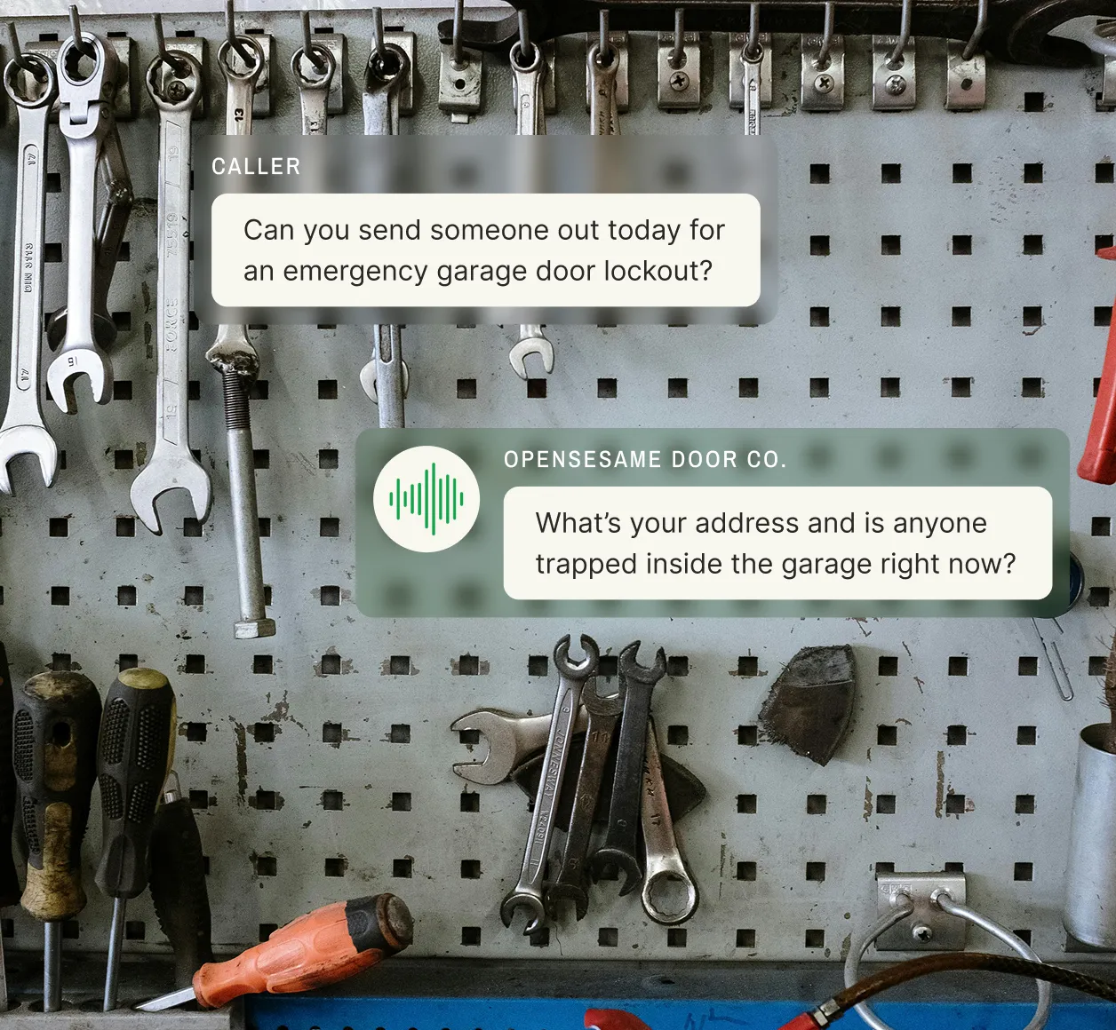  text exchange shows a caller requesting emergency lockout service and a garage door answering service rep asking for the address and whether anyone is trapped.