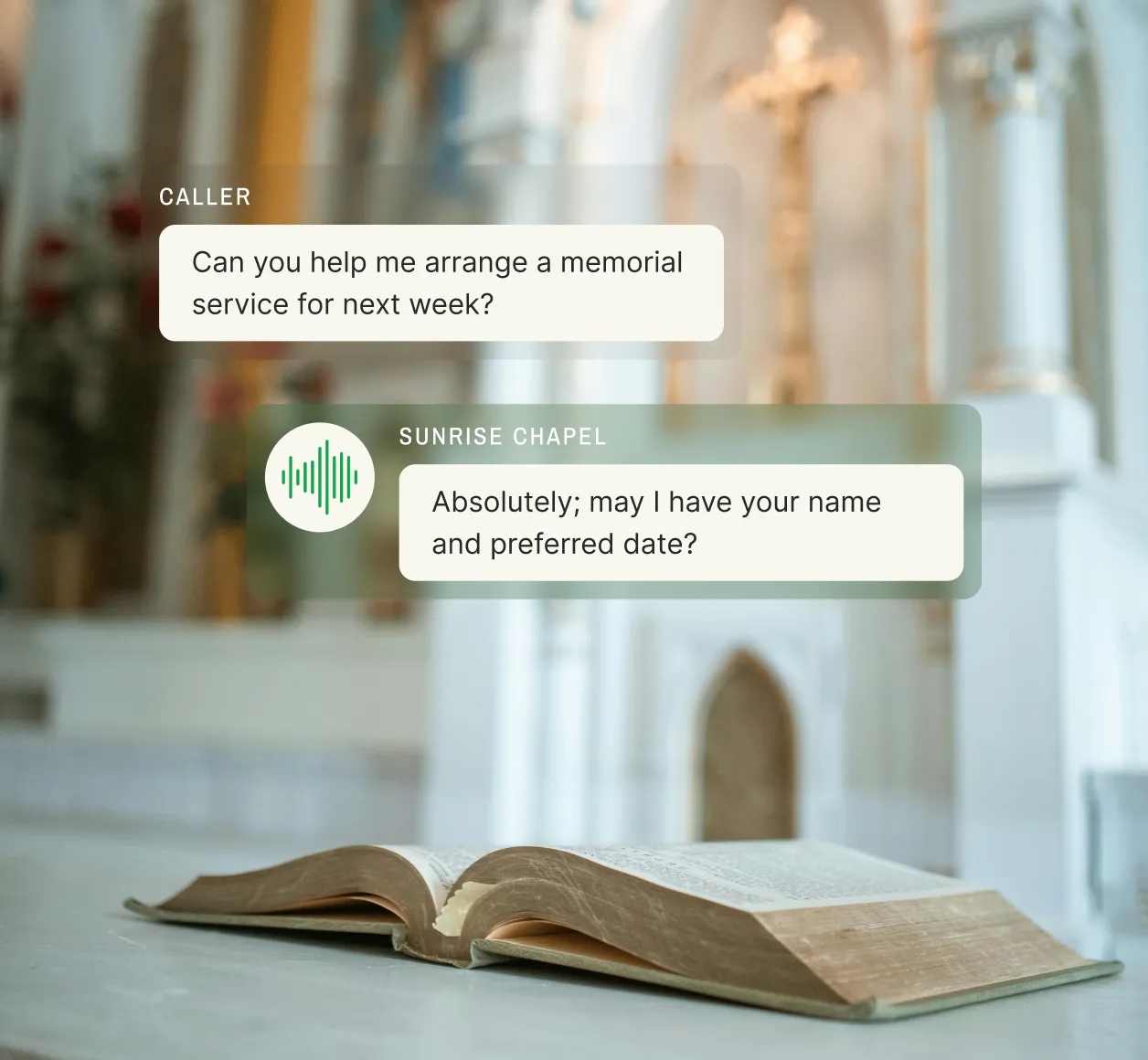A caller requests help arranging a memorial service, and the answering service for funeral homes representative responds with confirmation and asks for the caller’s details.