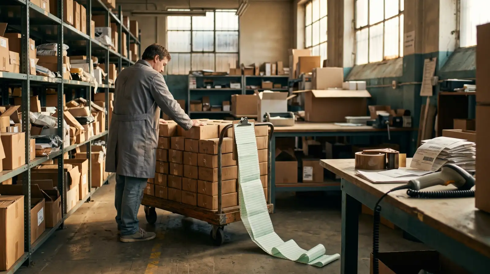 Un magazziniere anni Ottanta spinge lungo una corsia di scaffali un carrello carico di scatole tutte uguali, mentre dalla cartellina pende un unico lungo foglio di carta a modulo continuo che si trascina sul pavimento | Foto AI generated
