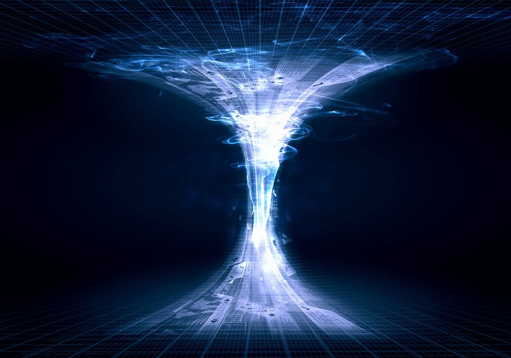 Blue digital funnel against dark background. Technology concept.jpeg