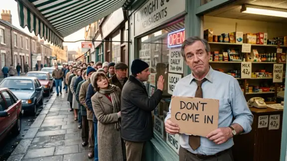 Un negoziante anni Ottanta espone in vetrina un cartello con la scritta Don't come in mentre fuori si allunga la fila dei clienti che vogliono entrare | Foto AI generated