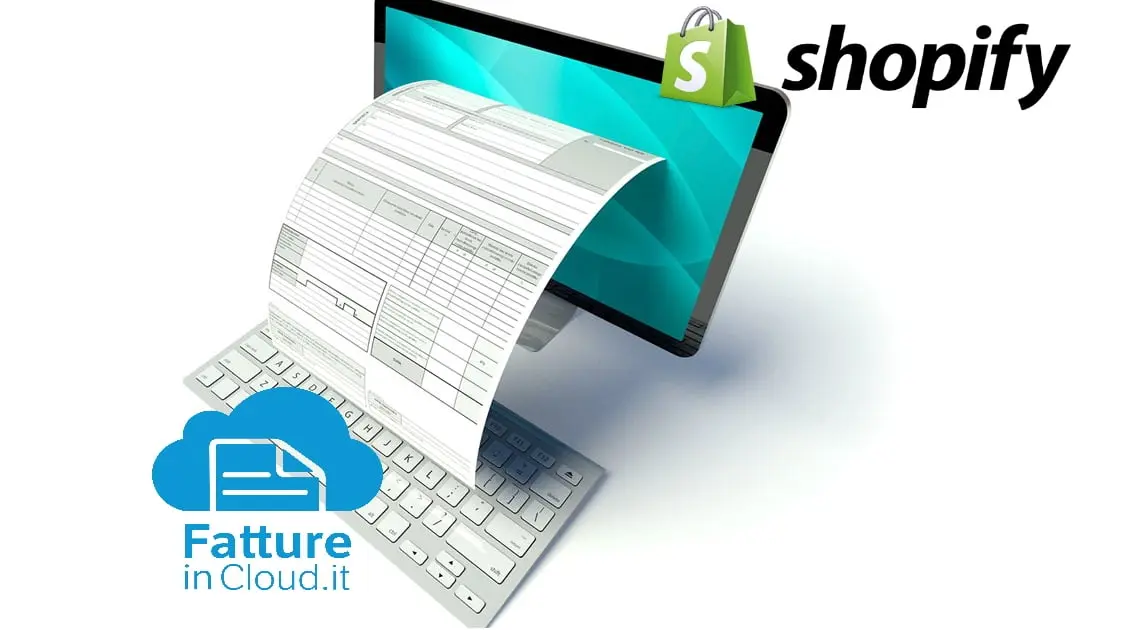 Una fattura che esce dallo schermo di un computer, fra il logo di Shopify e quello di Fatture in Cloud