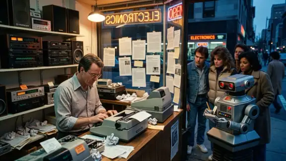Negoziante anni 80 batte a macchina un articolo nel suo negozio al neon mentre fuori dalla vetrina una piccola folla, compreso un robot che prende appunti, legge le pagine appese al vetro | Foto AI generated
