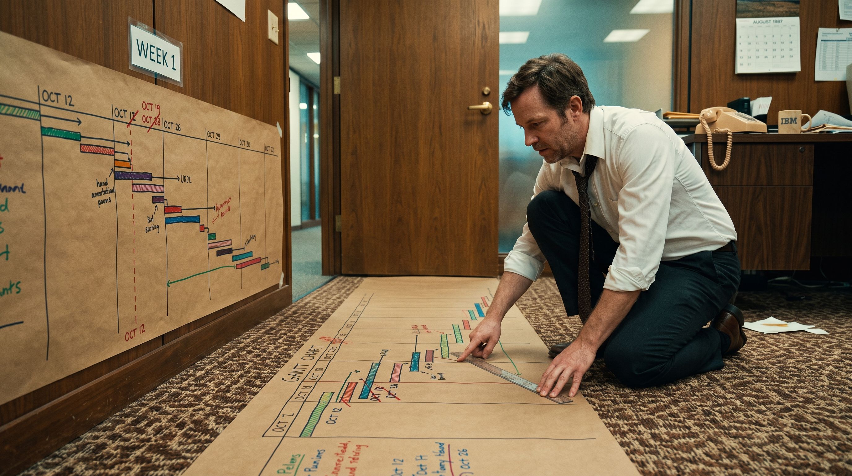 Un project manager anni Ottanta segue con il dito un diagramma di Gantt disegnato a mano che esce dalla parete e continua sul pavimento fino alla porta | Foto AI generated