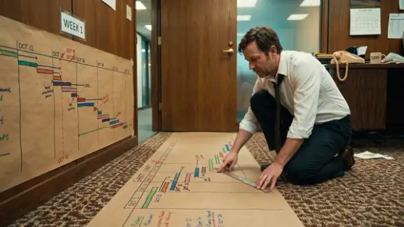 Un project manager anni Ottanta segue con il dito un diagramma di Gantt disegnato a mano che esce dalla parete e continua sul pavimento fino alla porta | Foto AI generated