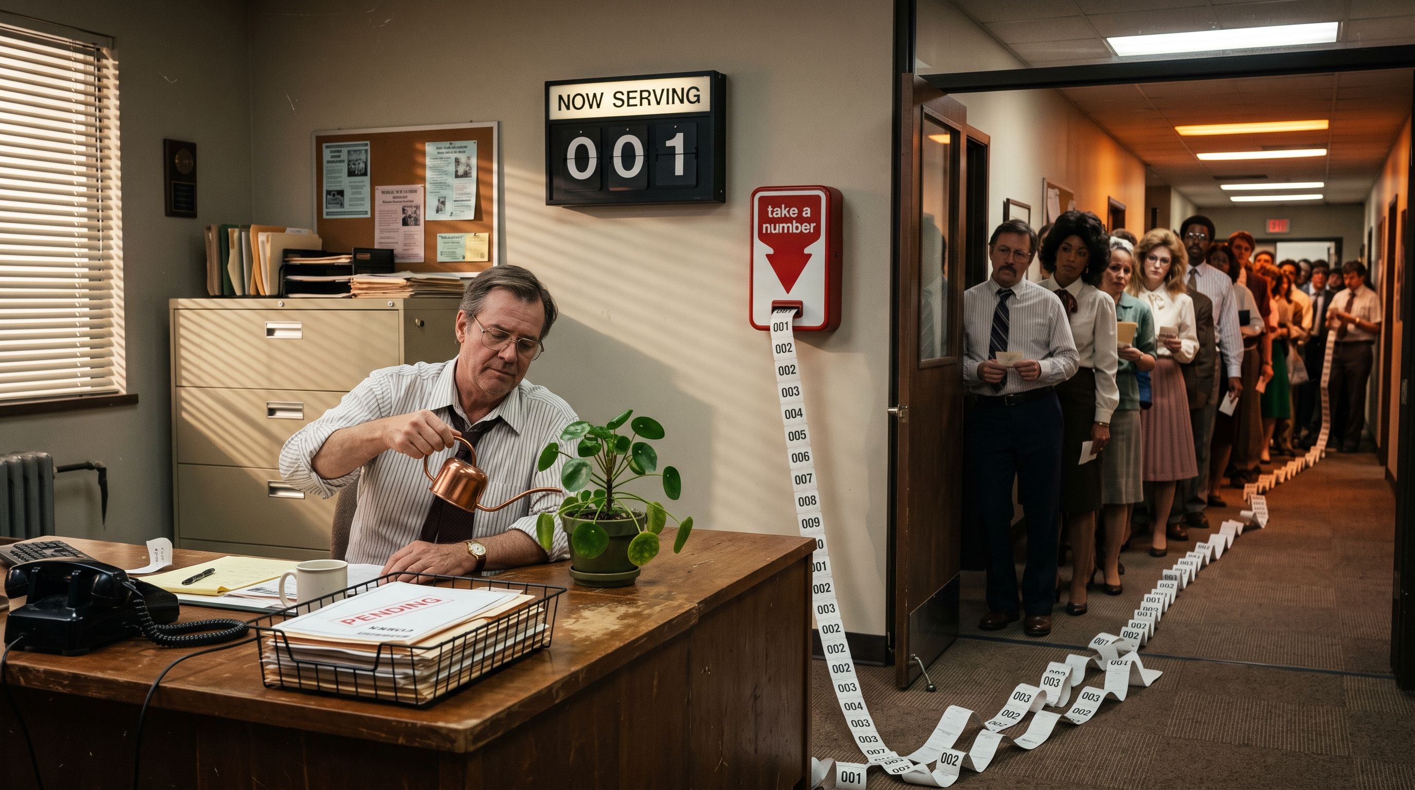 Un venditore anni Ottanta innaffia una pianta dietro il bancone mentre il rotolo dei numeri esce dalla porta e il display sopra di lui segna ancora 001 | Foto AI generated