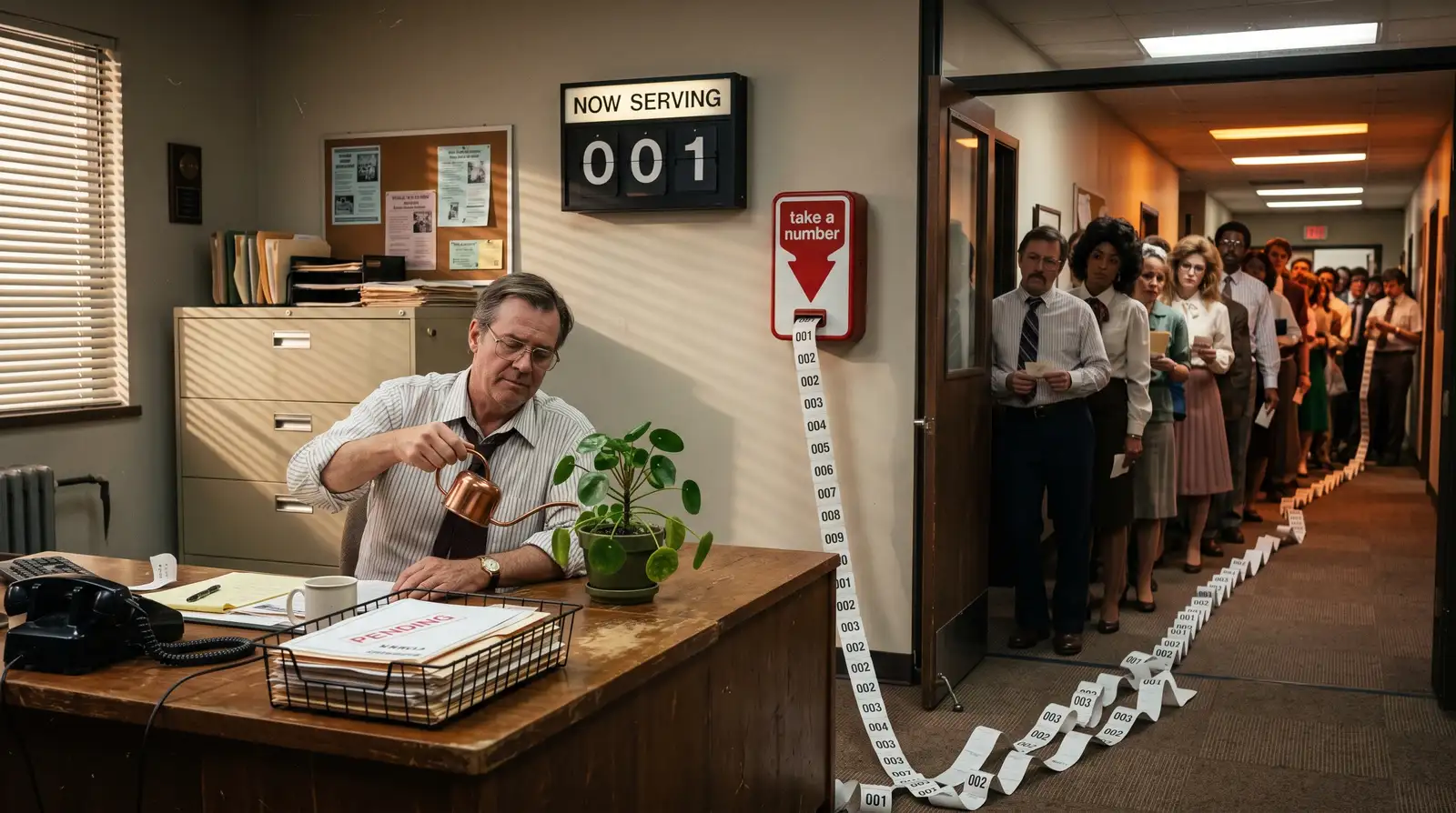 Un venditore anni Ottanta innaffia una pianta dietro il bancone mentre il rotolo dei numeri esce dalla porta e il display sopra di lui segna ancora 001 | Foto AI generated