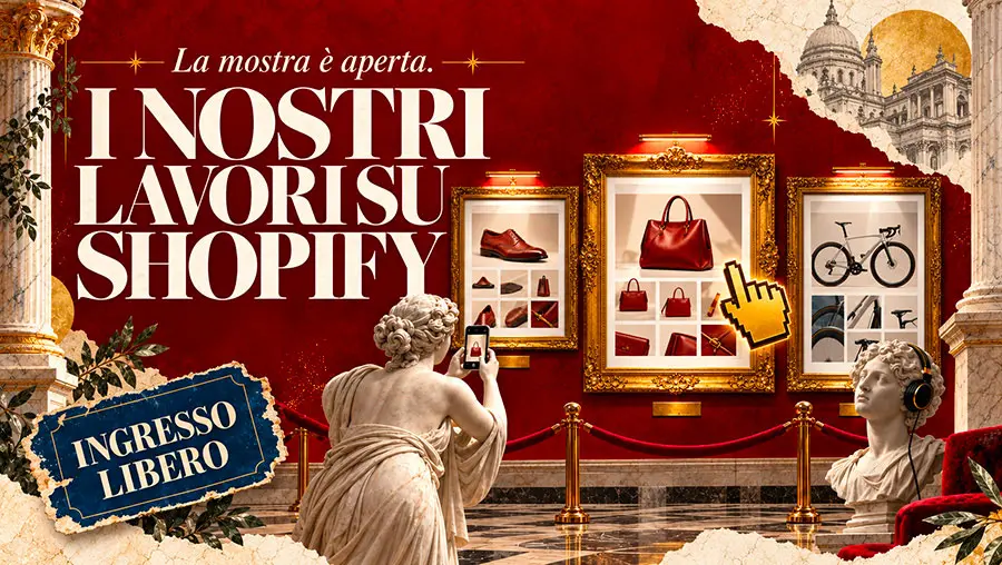 Una galleria di un museo con una statua neoclassica che fotografa i quadri con gli oggetti ospitati dagli ecommerce realizzati da ICT Sviluppo, la pagina per accedere aI case study, gli esempi di siti fatti da ICT Sviluppo su Shopify