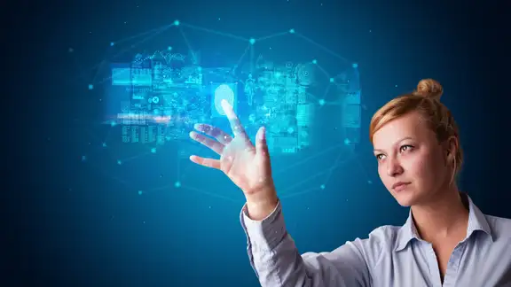 Woman accessing modern hologram personal database with fingerprint identification.jpeg