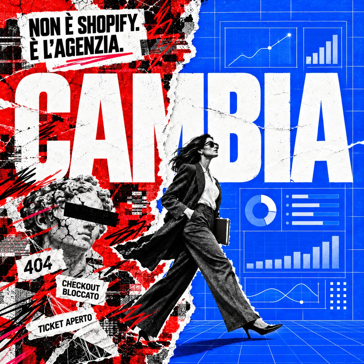 immagine di una donna che passa dal caos in rosso dei disastri fatti dalla vecchia agenzia che si spacciava come expert di Shopify ad un mondo più sereno grazie ad Ict Sviluppo