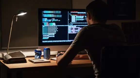 Back view of modern programmer sitting and writing code in dark room.jpeg