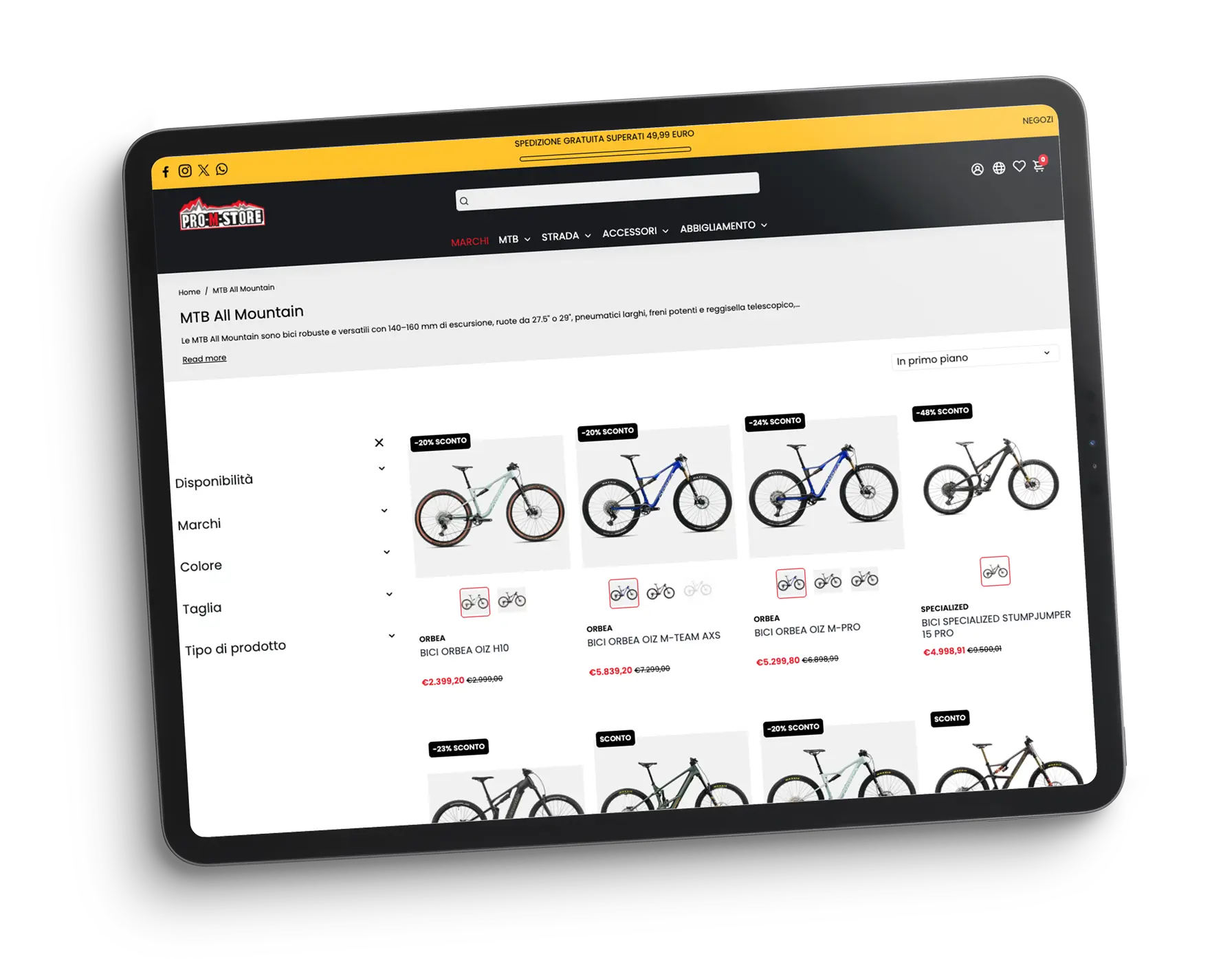 Tablet con ecommerce di biciclette