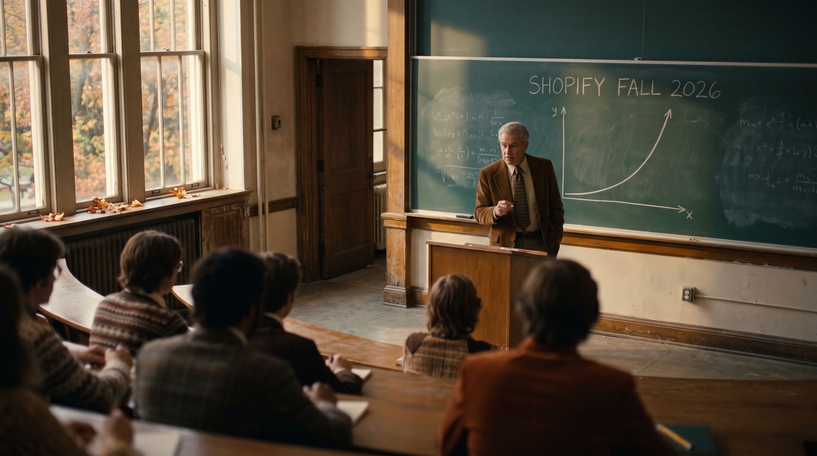un professore spiega alla classe le novità di fall 2026 di Shopify | Foto AI generated in coda