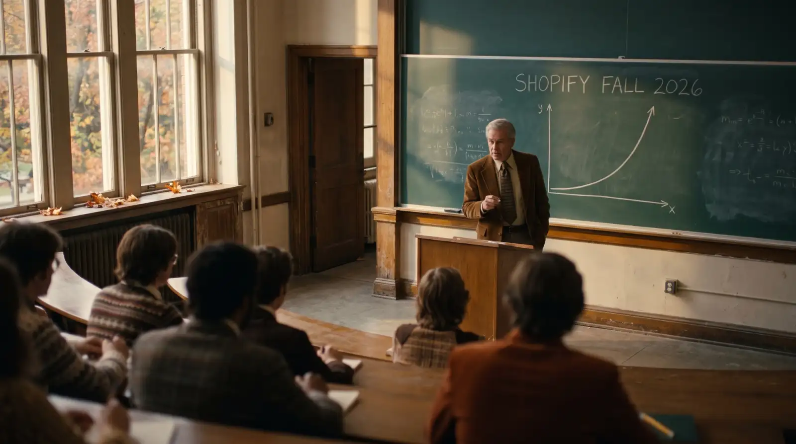 un professore spiega alla classe le novità di fall 2026 di Shopify | Foto AI generated in coda