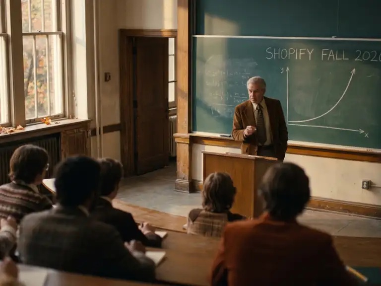 un professore spiega alla classe le novità di fall 2026 di Shopify | Foto AI generated in coda