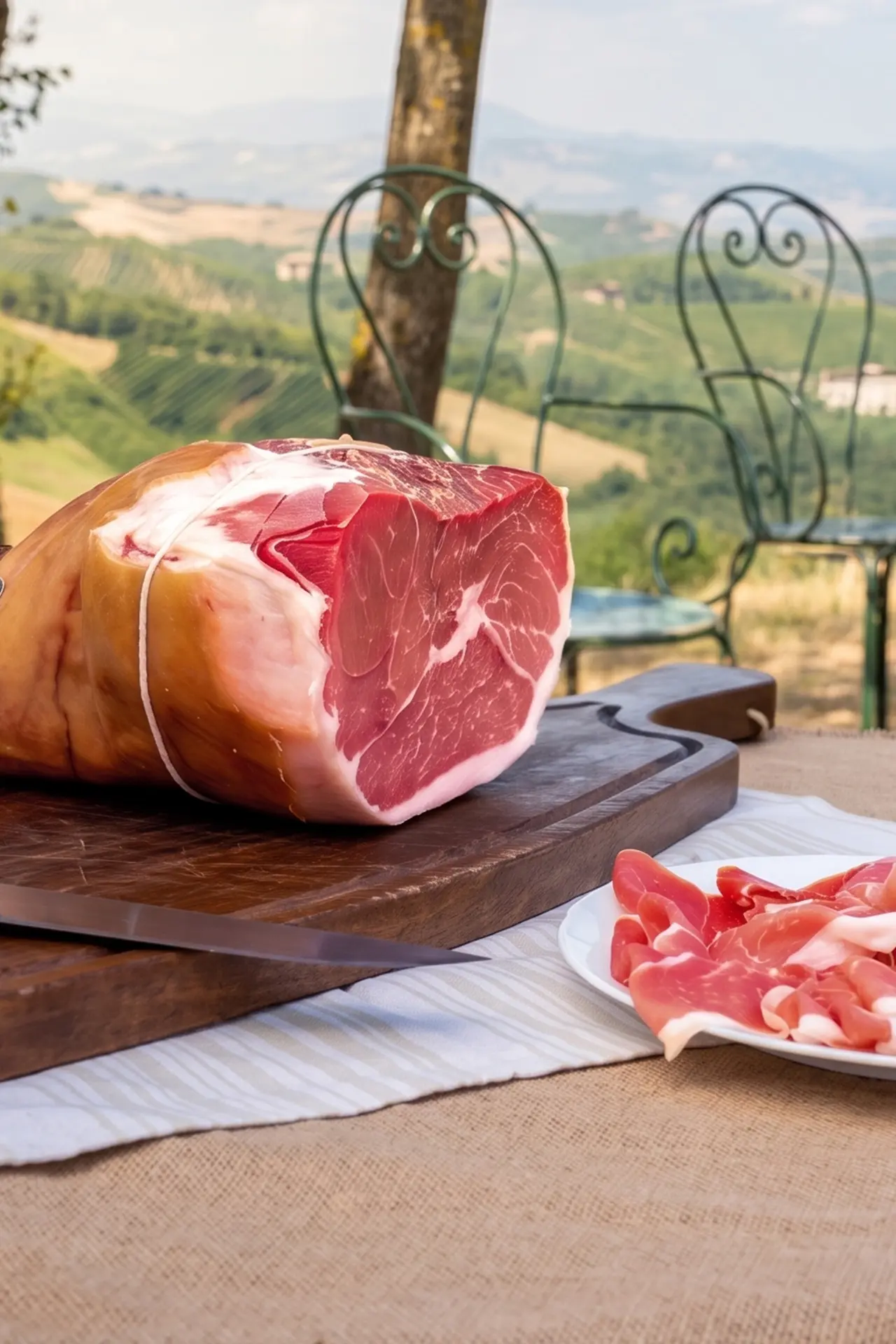 Prosciutto Crudo tagliato su un tagliere su una tavola all'aperto