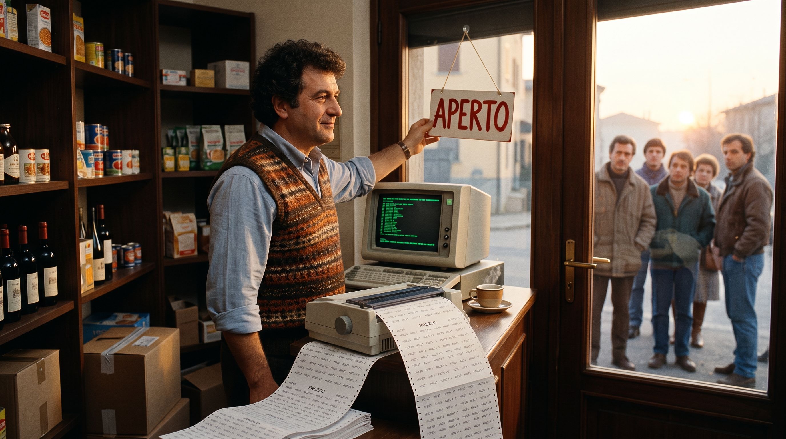 Un negoziante anni Ottanta gira il cartello Aperto del suo negozio all'alba mentre un computer sul bancone stampa da solo la pila dei cartellini del prezzo | Foto AI generated