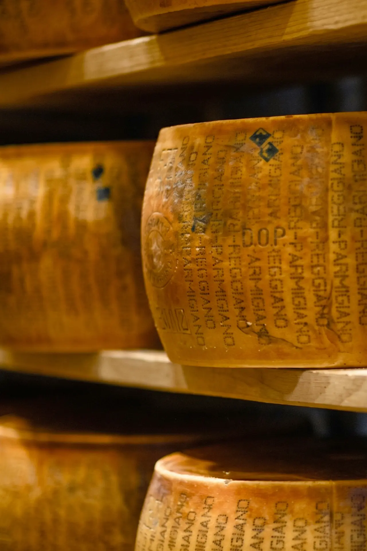 2-Formaggio parmigiano Reggiano conservato in cantina stagionato dettaglio zoomato