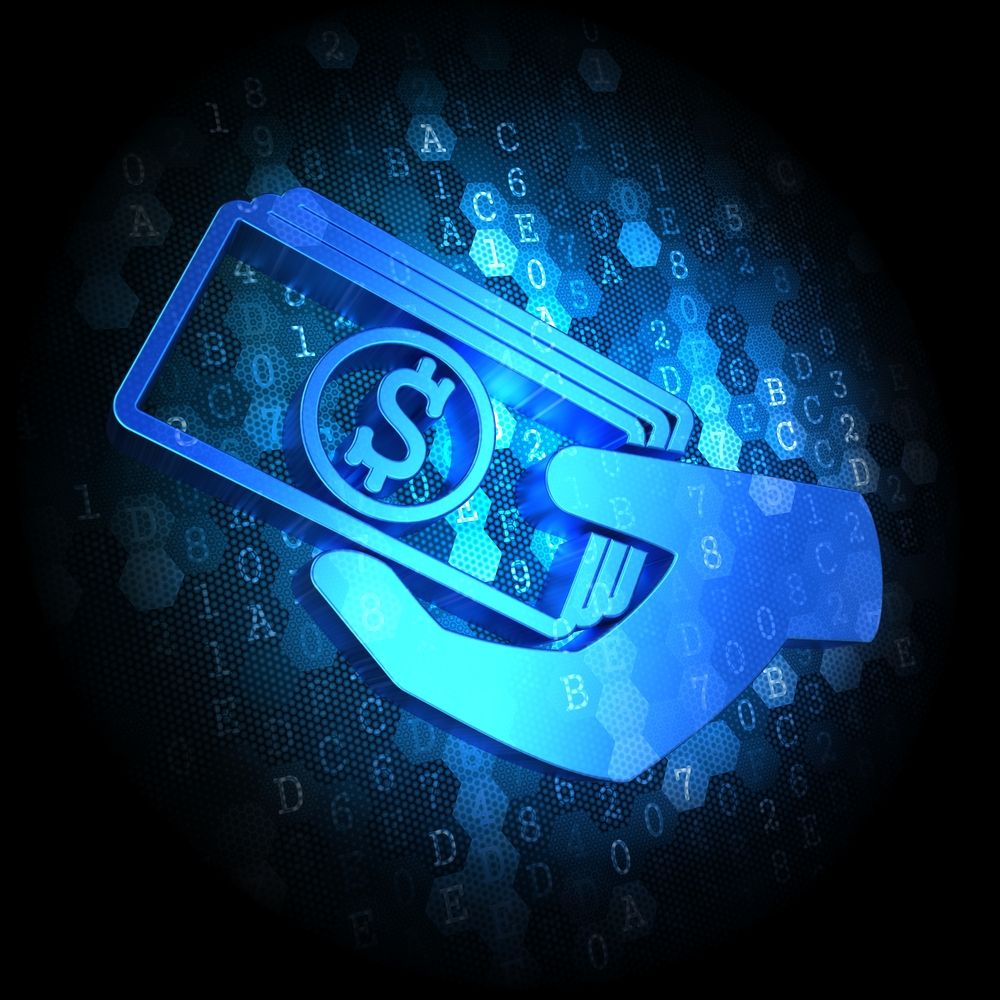 Blue Icon of Money in the Hand on Dark Digital Background..jpeg