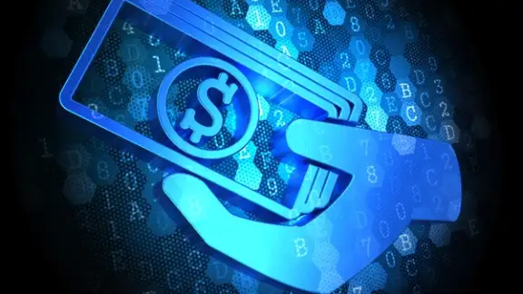 Blue Icon of Money in the Hand on Dark Digital Background..jpeg