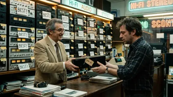 Venditore in un negozio hi-fi anni 80 consegna al cliente l'unico amplificatore con il cartellino per te, davanti a una parete di apparecchi tutti segnati BEST: metafora della scelta del miglior software ecommerce