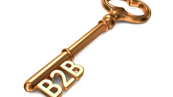 B2B - Golden Key on White Background. 3D Render. Business Concept..jpeg