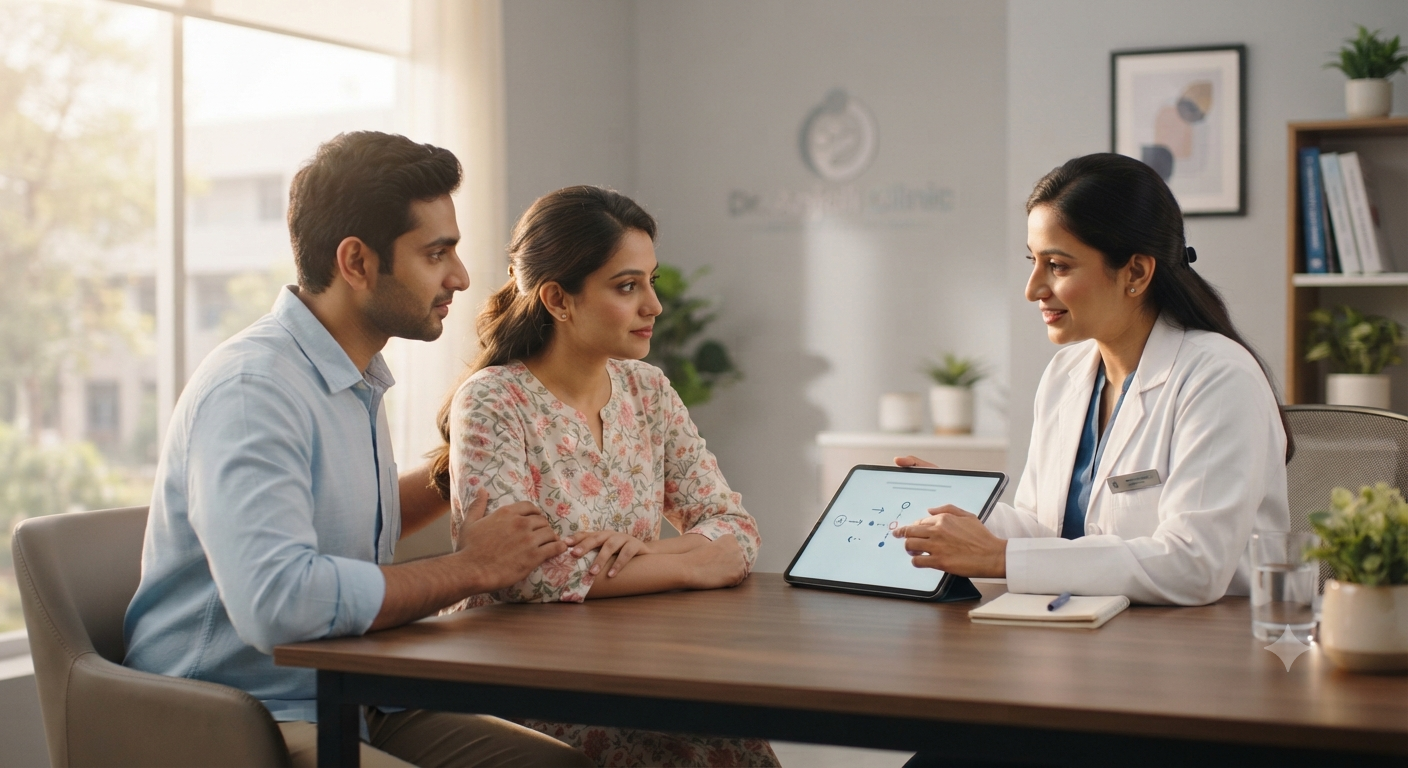 A couple in consultation with their fertility specialist at Bavishi Fertility Institute, reviewing their IUI plan