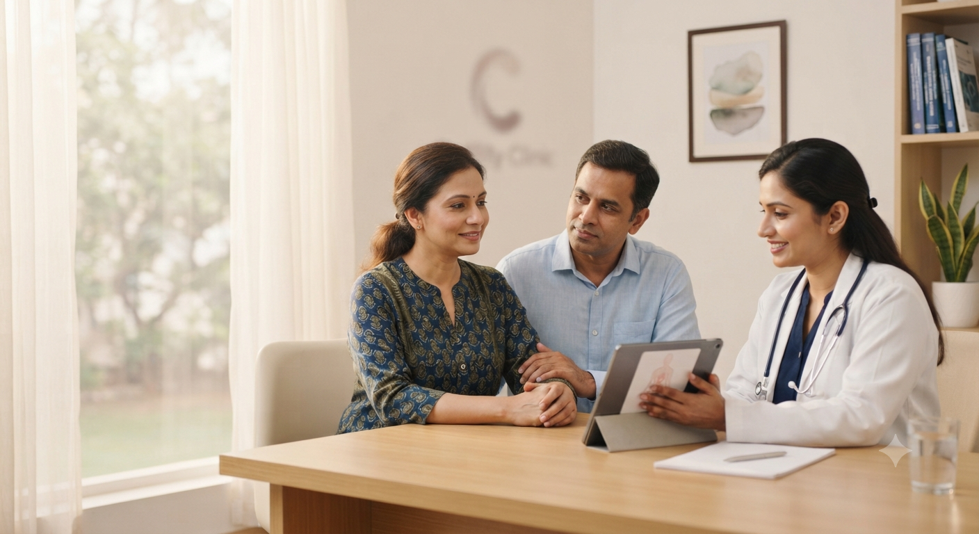 A woman over 45 discussing her fertility and pregnancy-safety plan with her specialist at Bavishi Fertility Institute