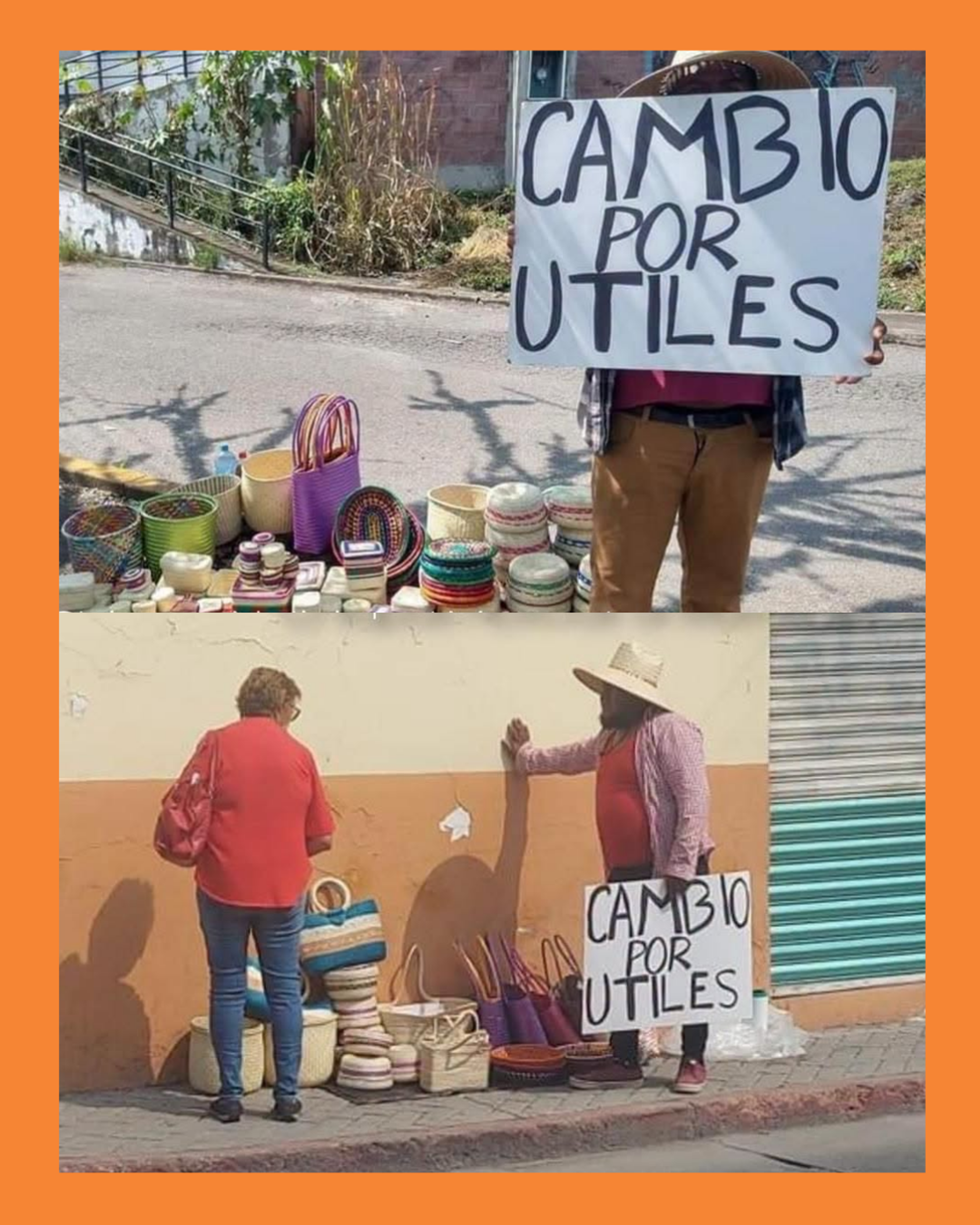 hombre cambia artesanias por utiles