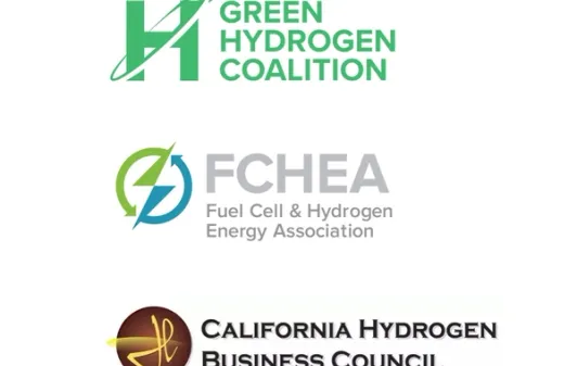 Photo of industry partner logos: Green Hydrogen Coalition, Fuel Cell & Hydrogen Energy Association and California Hydrogen Business Council