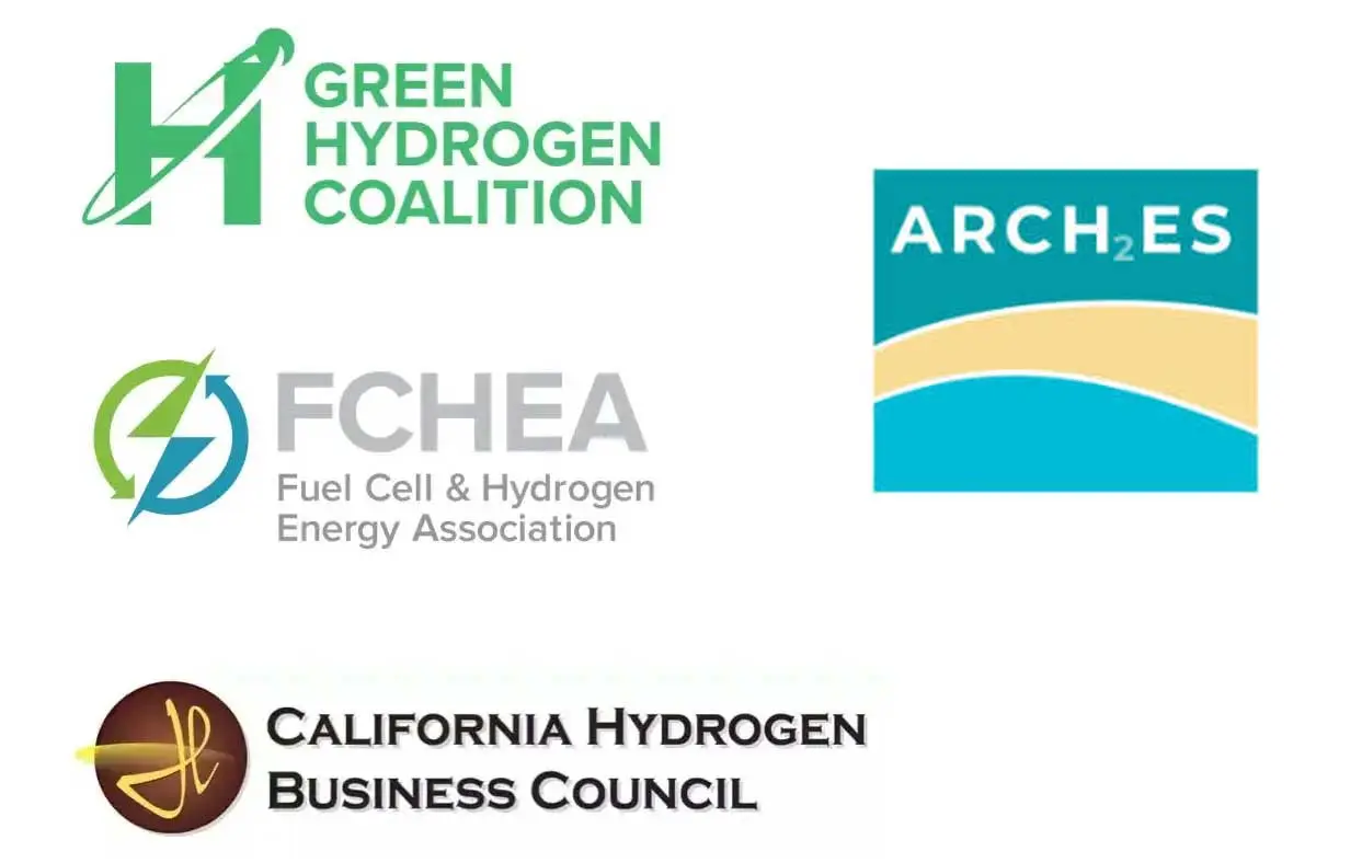 Photo of industry partner logos: Alliance for Renewable Clean Hydrogen Energy Systems, Green Hydrogen Coalition, Fuel Cell & Hydrogen Energy Association and California Hydrogen Business Council