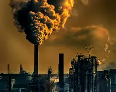 smoke stacks billowing smoke into a sepia tone sky