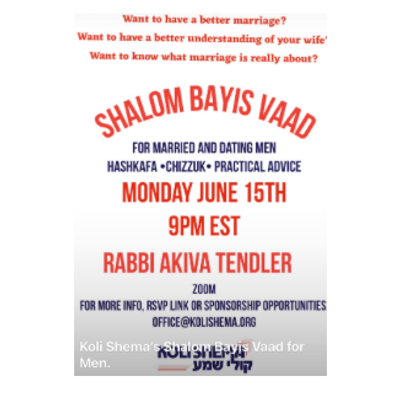Shalom Bayis Vaad ZOOM, For Married and Dating Men