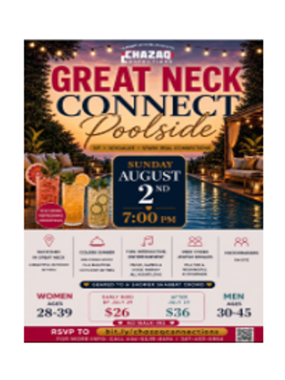 Chazaq Connections, Shomer Shabbat Crowd, Great Neck, Ages W28-39/M30-45, 