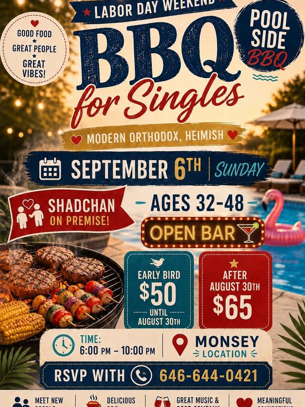 Labor Day Poolside BBQ, Monsey, Modern Orthodox & Heimish Ages 32-48