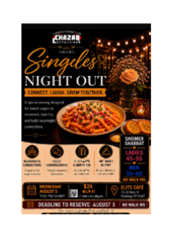 Chazaq Connections, Singles Night Out, Flushing NY, Shomer Shabbat Ages, L45-55, M50-60