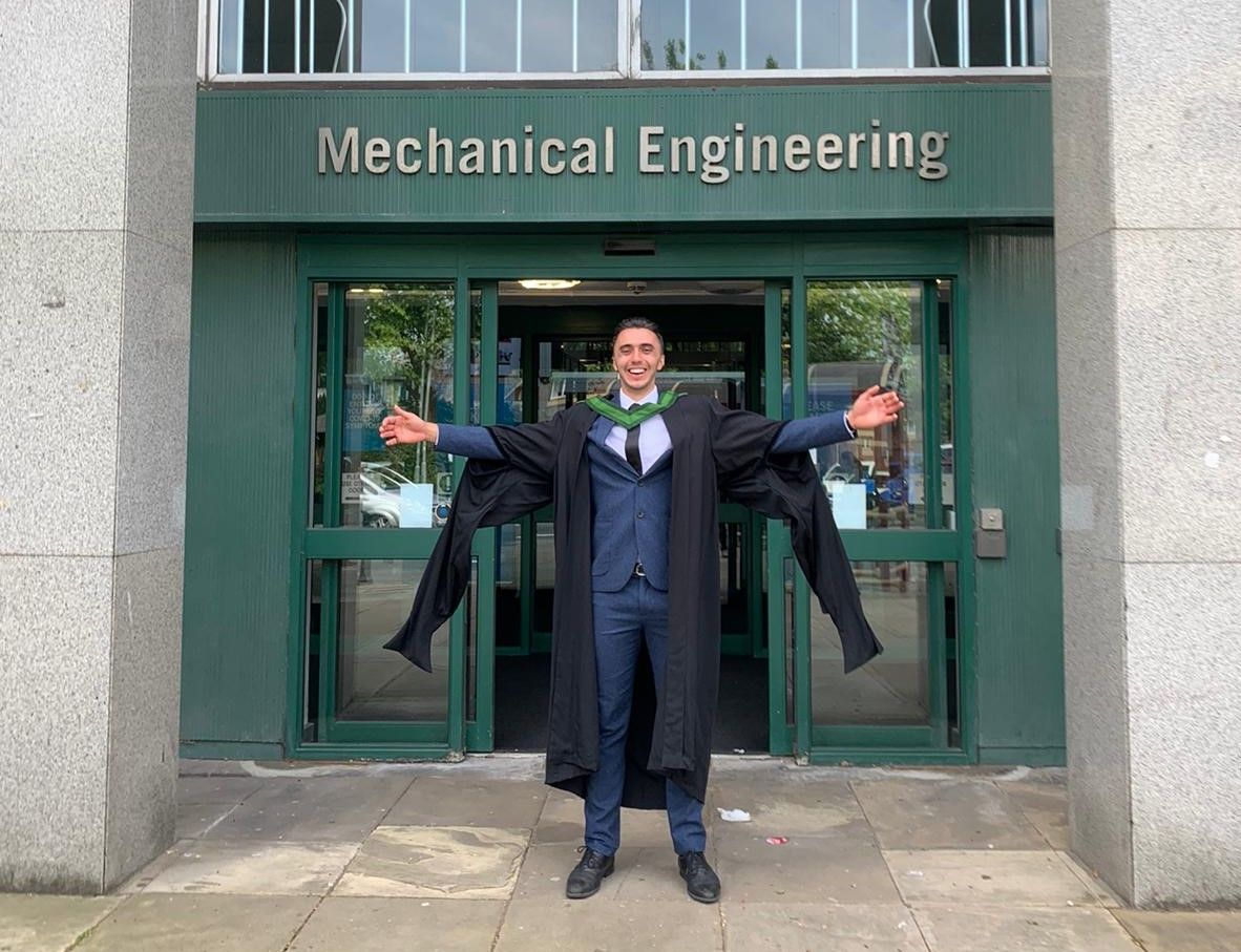 Lucian Chevallier graduating outside the Mechanical Engineering building in the University of Leeds