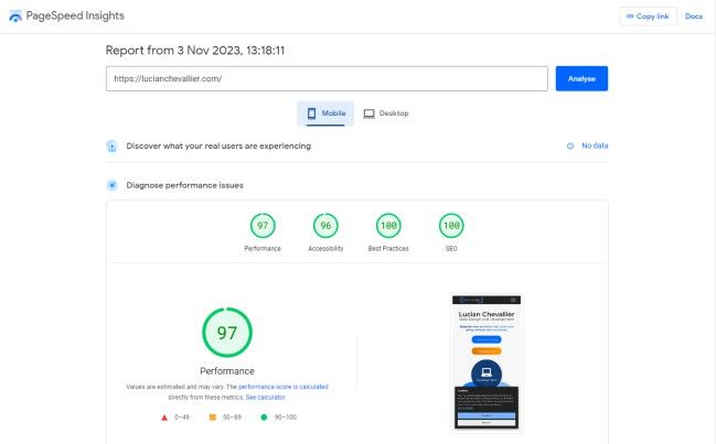 My 97 Google lighthouse mobile performance score. Once I actually got this to 100 - a perfect score. I find optimising a little addictive... 