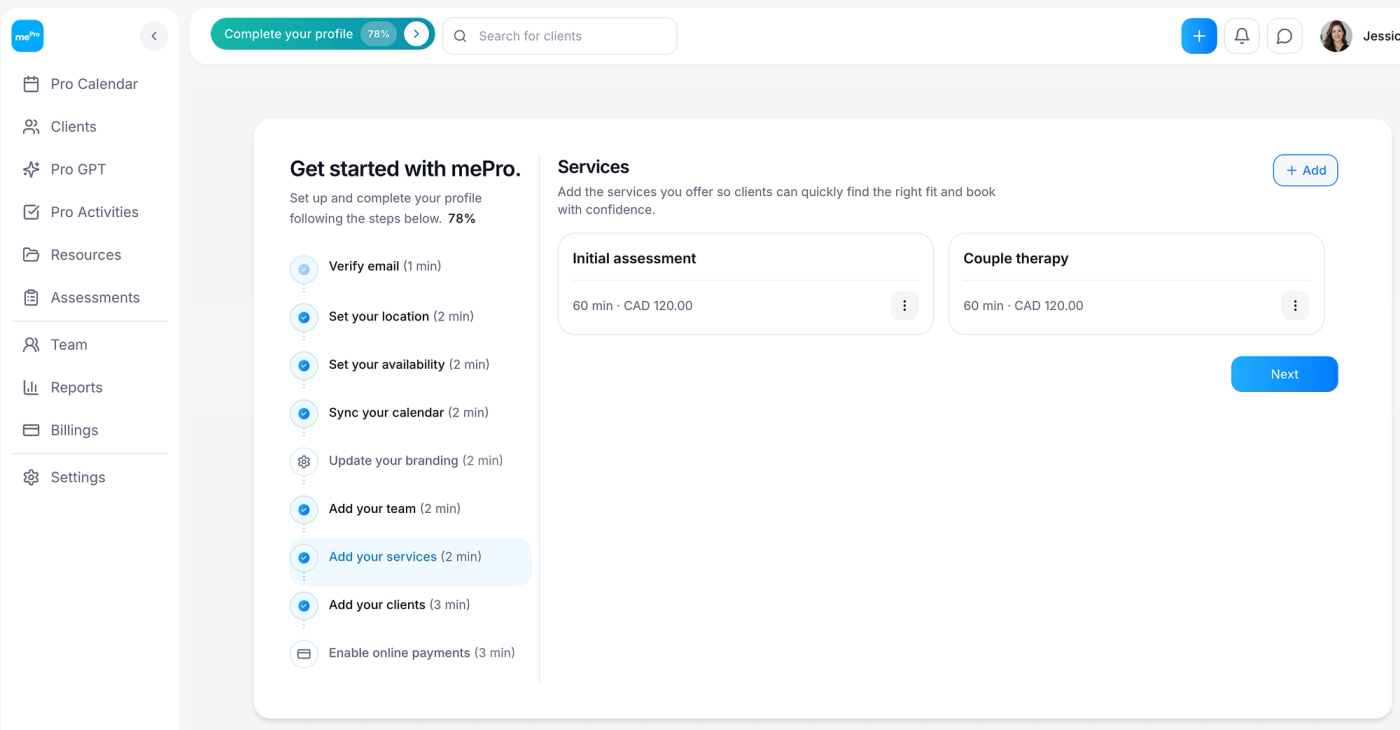 Screenshot: Your services.